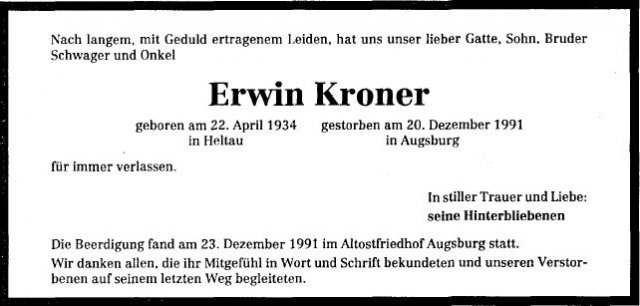 Kroner Erwin 1934-1991 Todesanzeige